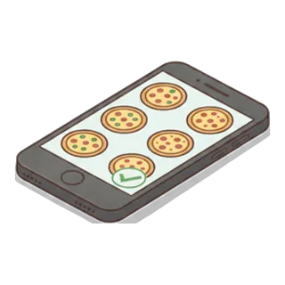 Un téléphone qui montre des pizzas et une coche verte.