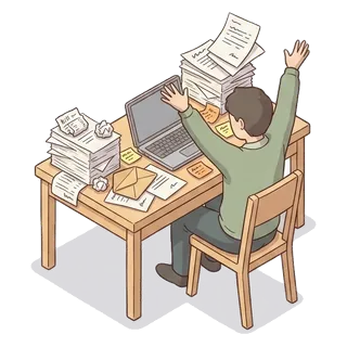Une personne à son bureau, les bras levés, sous une pile de papiers en vrac.