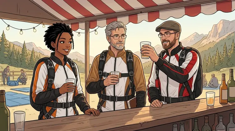Au bout du comptoir du bar, Nia et Phil en combinaison, et Digikyo, casquette sur la tête, en combinaison, qui lève son verre.