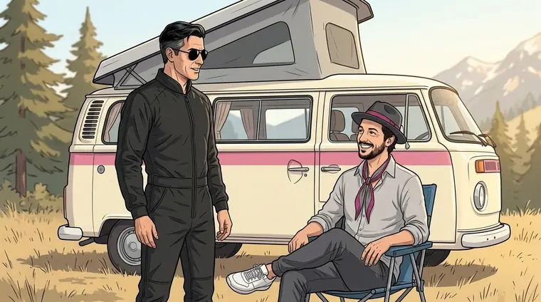 Konrad, en combinaison noire et lunettes d'aviateur, debout devant le combi, parle à Djaps en civil assis sur la chaise de camping bleue.