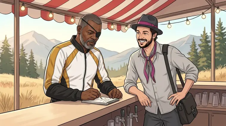 Au bar, Nicolas, en combinaison, cache-œil, fait des calculs au crayon sur un carnet, à côté de Djaps en civil qui écoute.