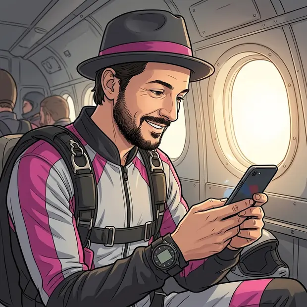 Gros plan sur Djaps, en combinaison, dans l'avion, concentré sur son téléphone, l'altimètre au poignet, la lumière du hublot sur le visage.