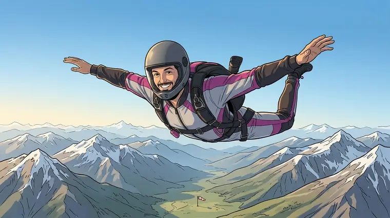 Plan large : Djaps, en combinaison, en chute libre, seul dans le ciel, bras écartés, au-dessus des montagnes ; tout en bas, minuscule, la DZ.