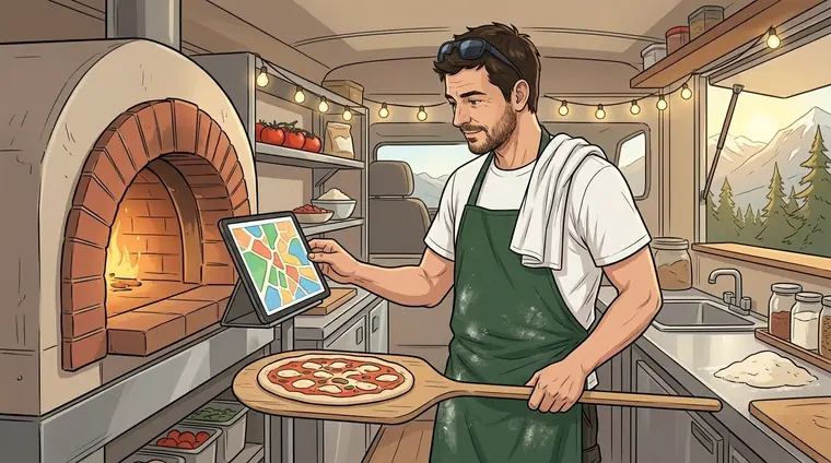 Dans le camion, Antho regarde une tablette posée près du four, à l'écran une seule grosse carte colorée sans texte lisible, et la touche du pouce, une pizza sur sa pelle dans l'autre main.