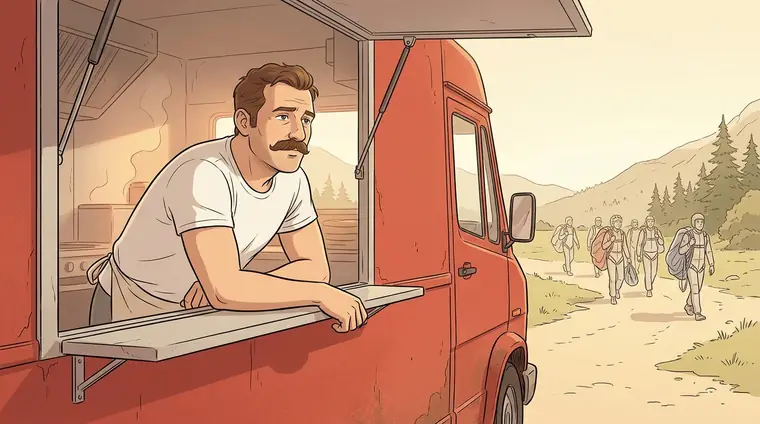 Le pizzaïolo moustachu, accoudé à la fenêtre de son camion rouge, regarde au loin une file de parachutistes en groupe qui arrive ; il a l'air las.