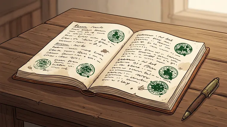 Un carnet de sauts ouvert sur une table de bois, ses pages remplies de tampons verts ronds et de notes manuscrites illisibles.